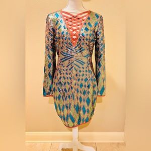 WOW Gold Label Rose Gold, Green and Blue Sequin Dress. Size LARGE. NWT